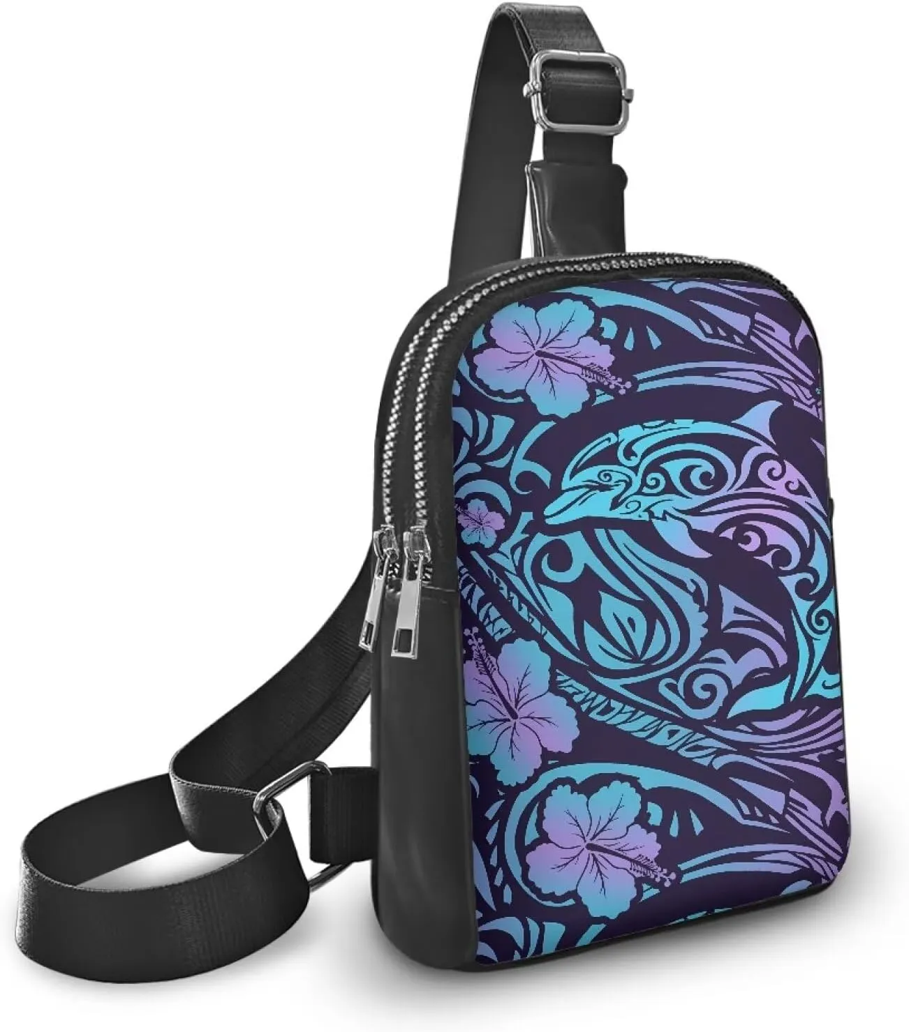 Hawaii Ethnic Dolphin Print Sling Bag for Women, Tropic Folk Stripes Flowers Crossbody Bag Cross Body, Purple Travel Purse PU Leather Small Fanny Pack Waist Bag