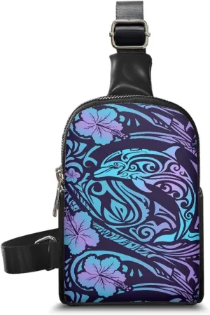 Hawaii Ethnic Dolphin Print Sling Bag for Women, Tropic Folk Stripes Flowers Crossbody Bag Cross Body, Purple Travel Purse PU Leather Small Fanny Pack Waist Bag