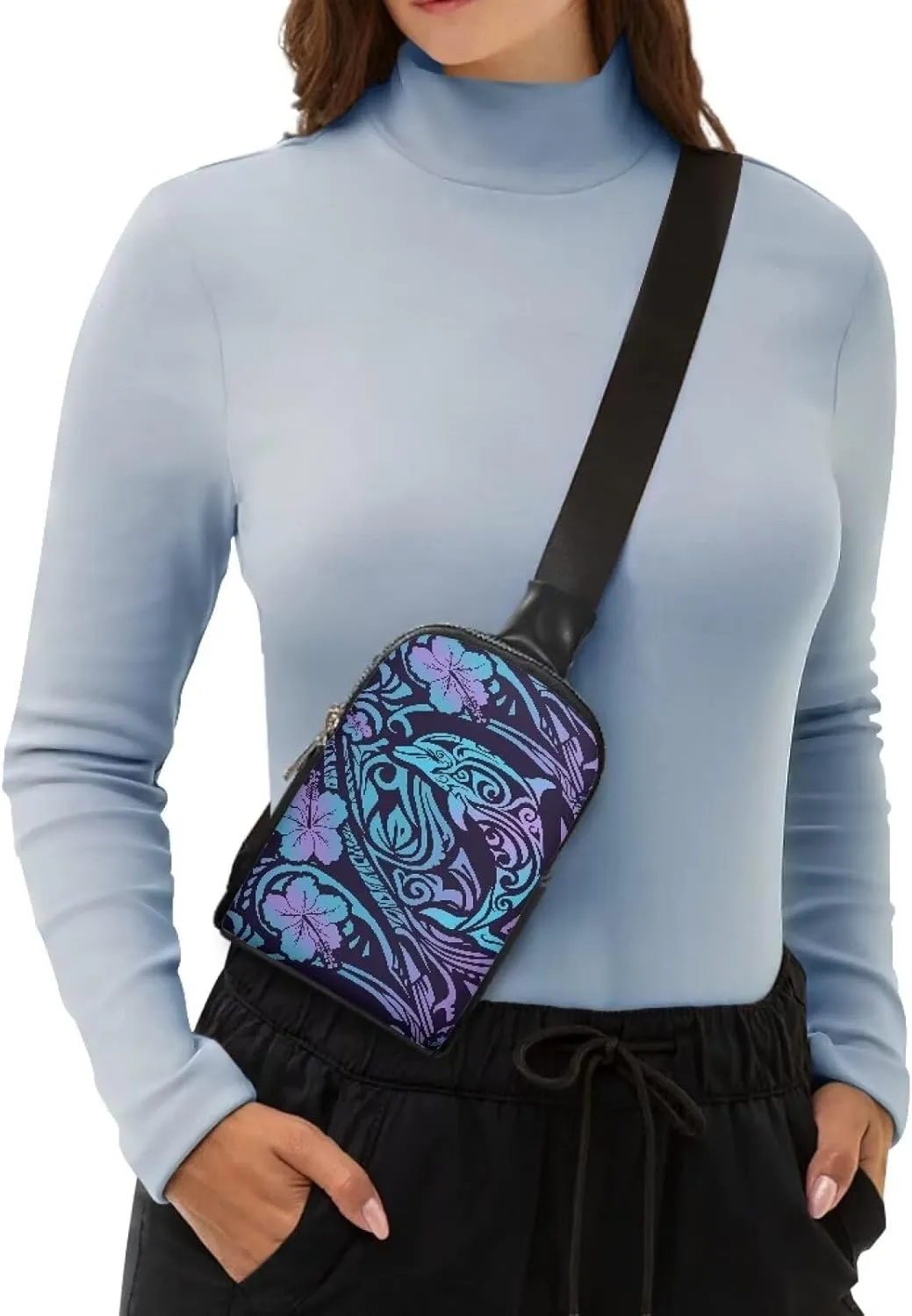 Hawaii Ethnic Dolphin Print Sling Bag for Women, Tropic Folk Stripes Flowers Crossbody Bag Cross Body, Purple Travel Purse PU Leather Small Fanny Pack Waist Bag