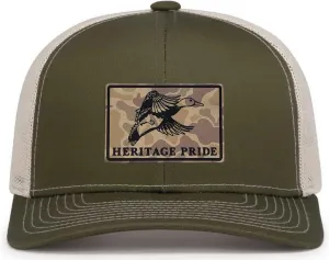 Heritage Pride Men's Hunting Trucker Hat - Flying Mallard Duck Engraved Camo Leather Patch, Mesh Back Design