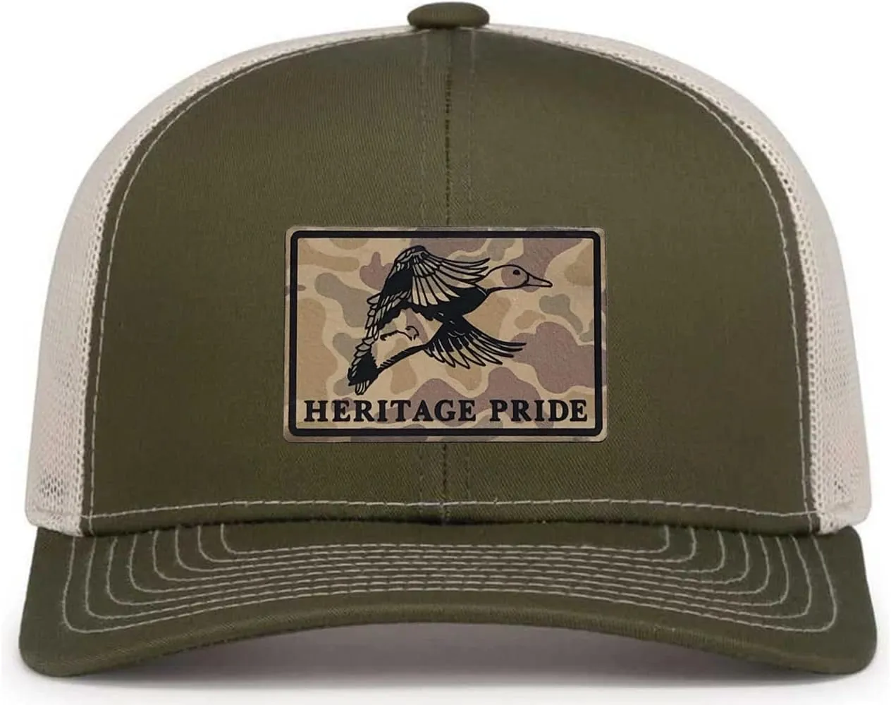 Heritage Pride Men's Hunting Trucker Hat - Flying Mallard Duck Engraved Camo Leather Patch, Mesh Back Design