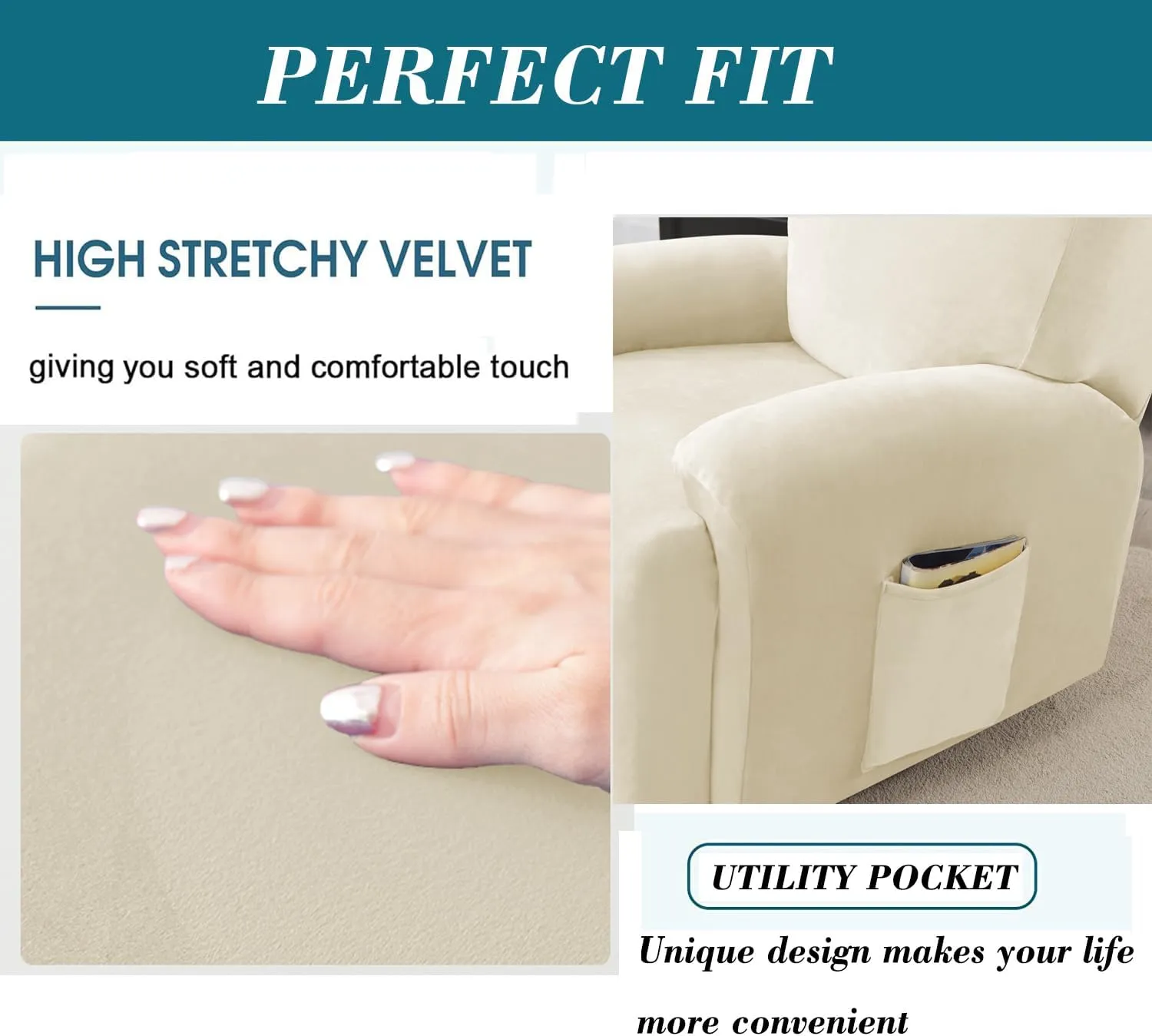 HFCNMY Loveseat Recliner Cover,6 Pieces Stretch Velvet Recliner Loveseat Covers Thick Reclining Loveseat Cover with Elastic Bottom Beige