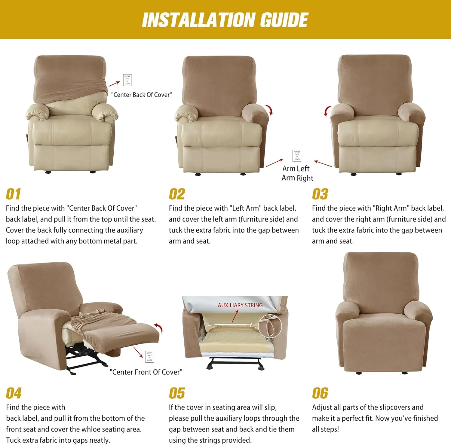 HFCNMY Loveseat Recliner Cover,6 Pieces Stretch Velvet Recliner Loveseat Covers Thick Reclining Loveseat Cover with Elastic Bottom Beige