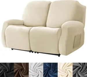 HFCNMY Loveseat Recliner Cover,6 Pieces Stretch Velvet Recliner Loveseat Covers Thick Reclining Loveseat Cover with Elastic Bottom Beige