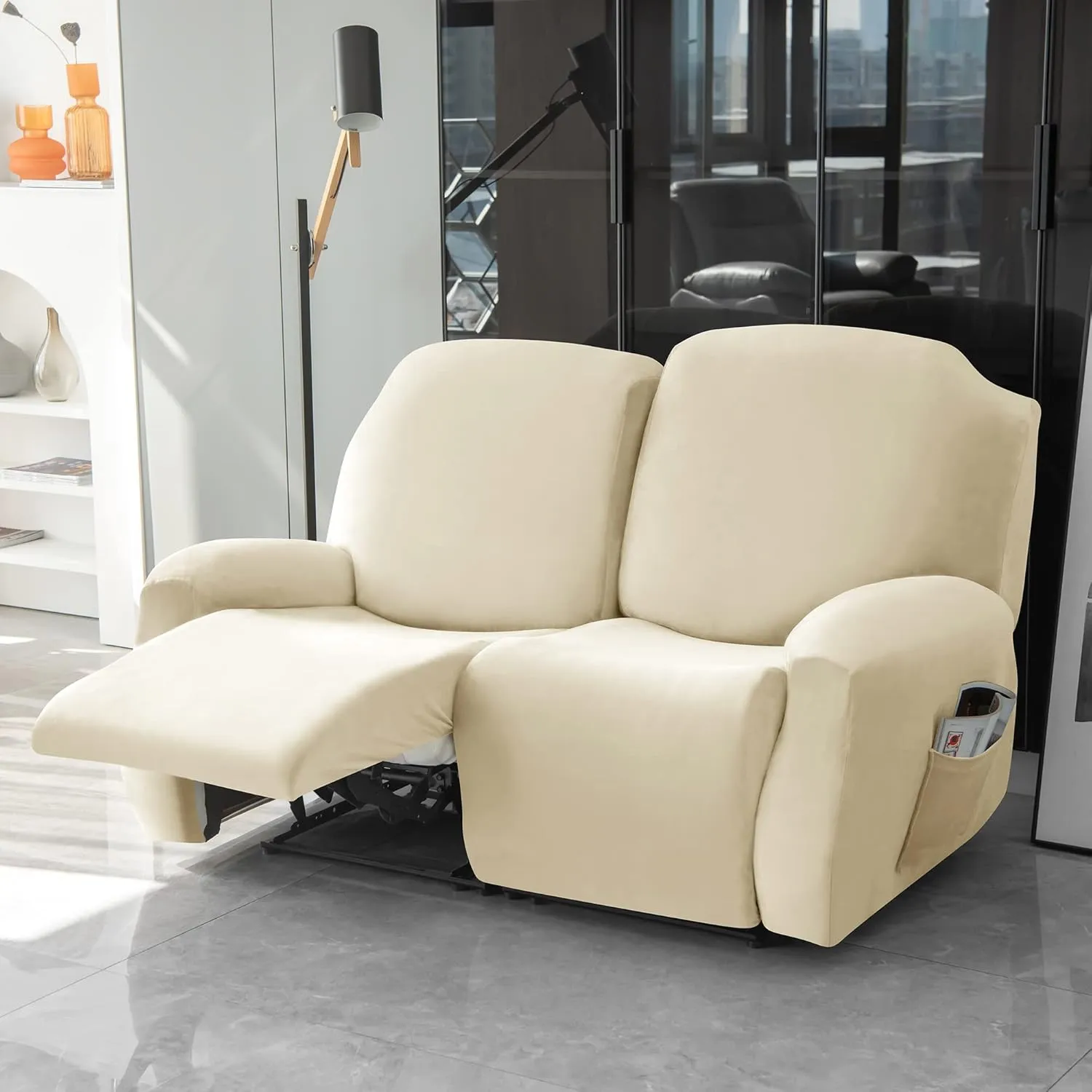 HFCNMY Loveseat Recliner Cover,6 Pieces Stretch Velvet Recliner Loveseat Covers Thick Reclining Loveseat Cover with Elastic Bottom Beige