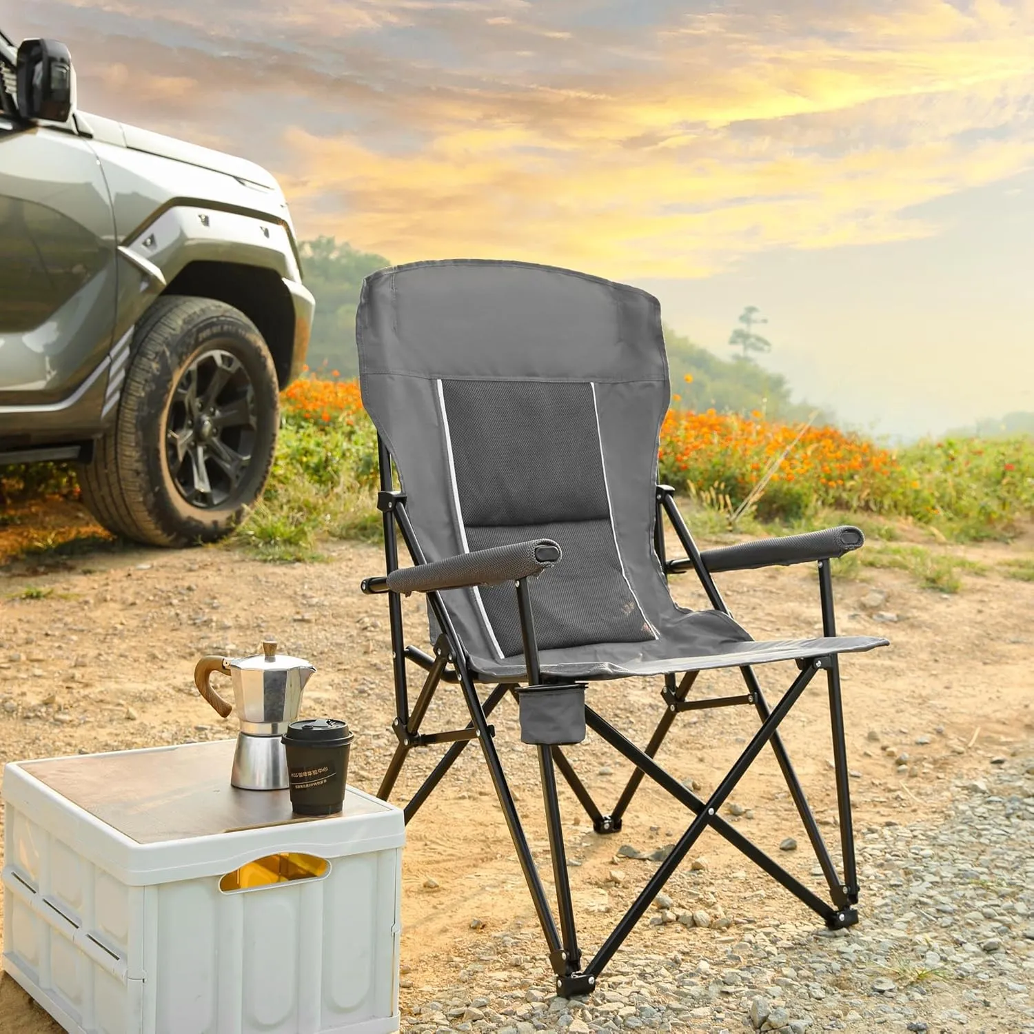 High Back Folding Lawn Chair – Heavy Duty 250lbs Support, Portable Outdoor Camping Chair with Cup Holder – Breathable & Weather-Resistant Fabric (Gray)