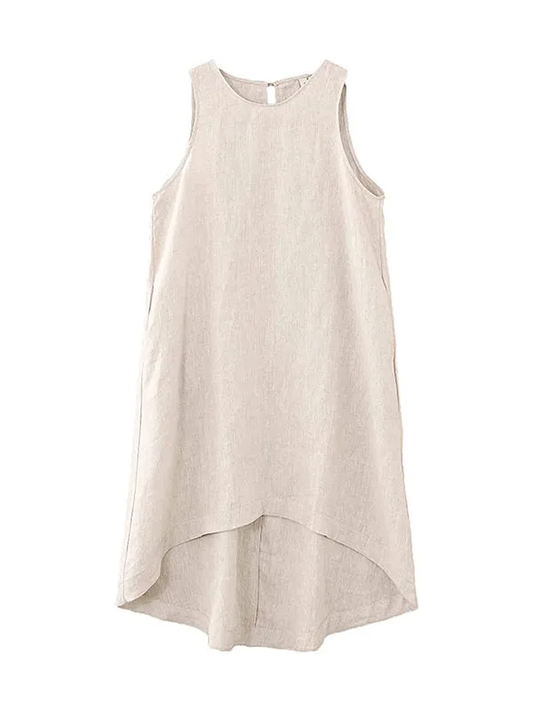 High-Low Loose Solid Color Round-Neck Midi Dresses