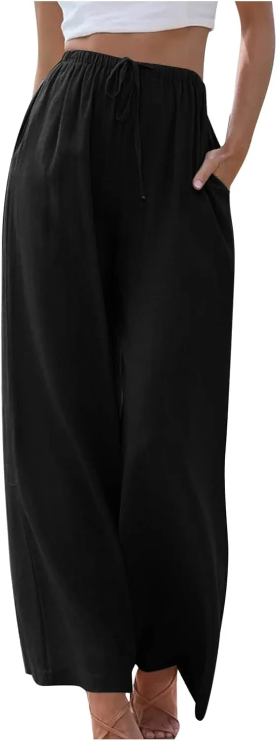High Waisted Linen Pants for Women Dressy Casual 2025 Drawstring Wide Leg Flowy Pant Summer Beach Trousers