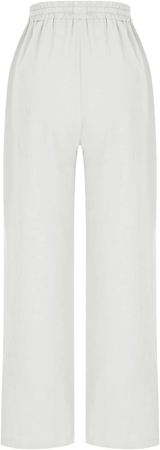 High Waisted Pants for Women Casual Comfy Wide Leg Stretchy Pant Solid Color Cotton Linen Pocketed Bootcut Trousers