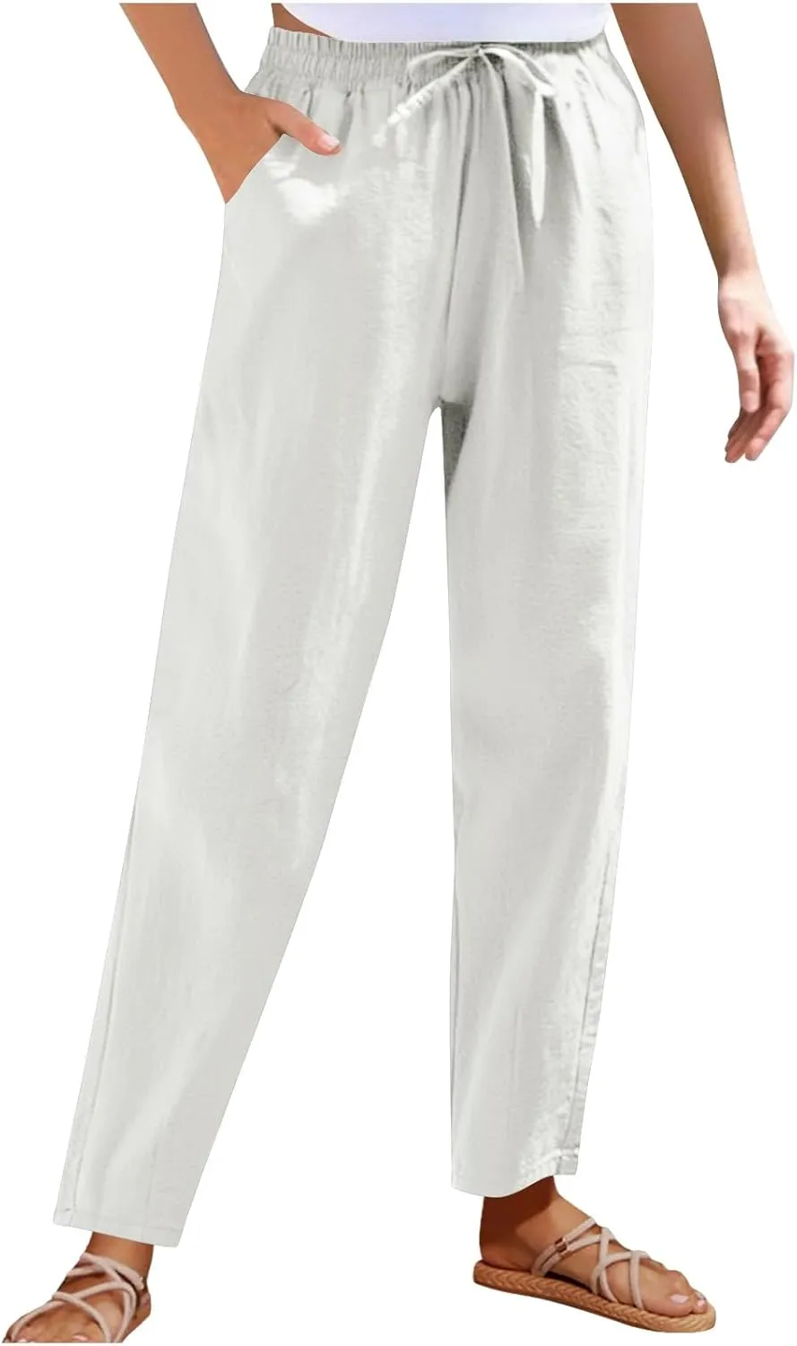 High Waisted Pants for Women Casual Comfy Wide Leg Stretchy Pant Solid Color Cotton Linen Pocketed Bootcut Trousers
