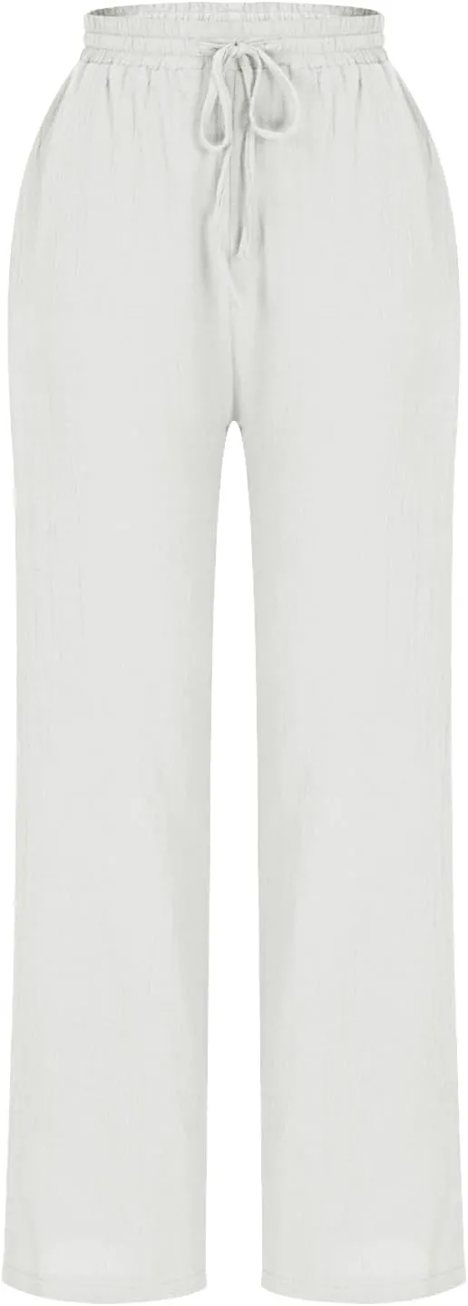 High Waisted Pants for Women Casual Comfy Wide Leg Stretchy Pant Solid Color Cotton Linen Pocketed Bootcut Trousers