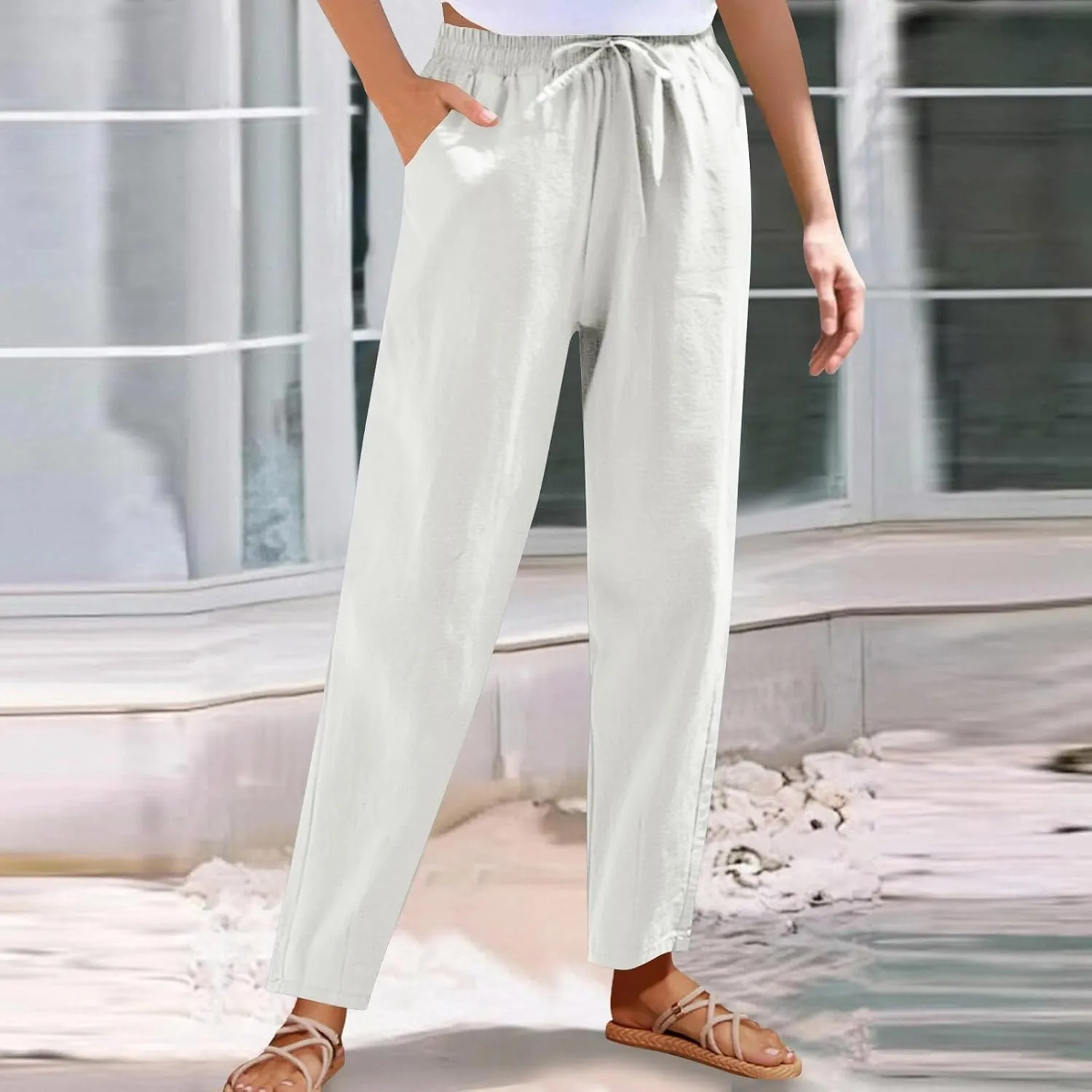 High Waisted Pants for Women Casual Comfy Wide Leg Stretchy Pant Solid Color Cotton Linen Pocketed Bootcut Trousers