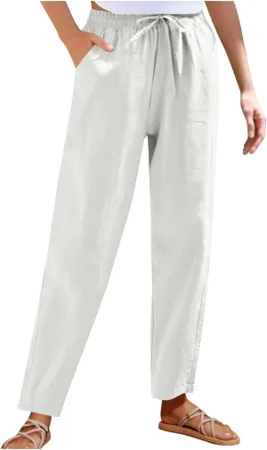 High Waisted Pants for Women Casual Comfy Wide Leg Stretchy Pant Solid Color Cotton Linen Pocketed Bootcut Trousers