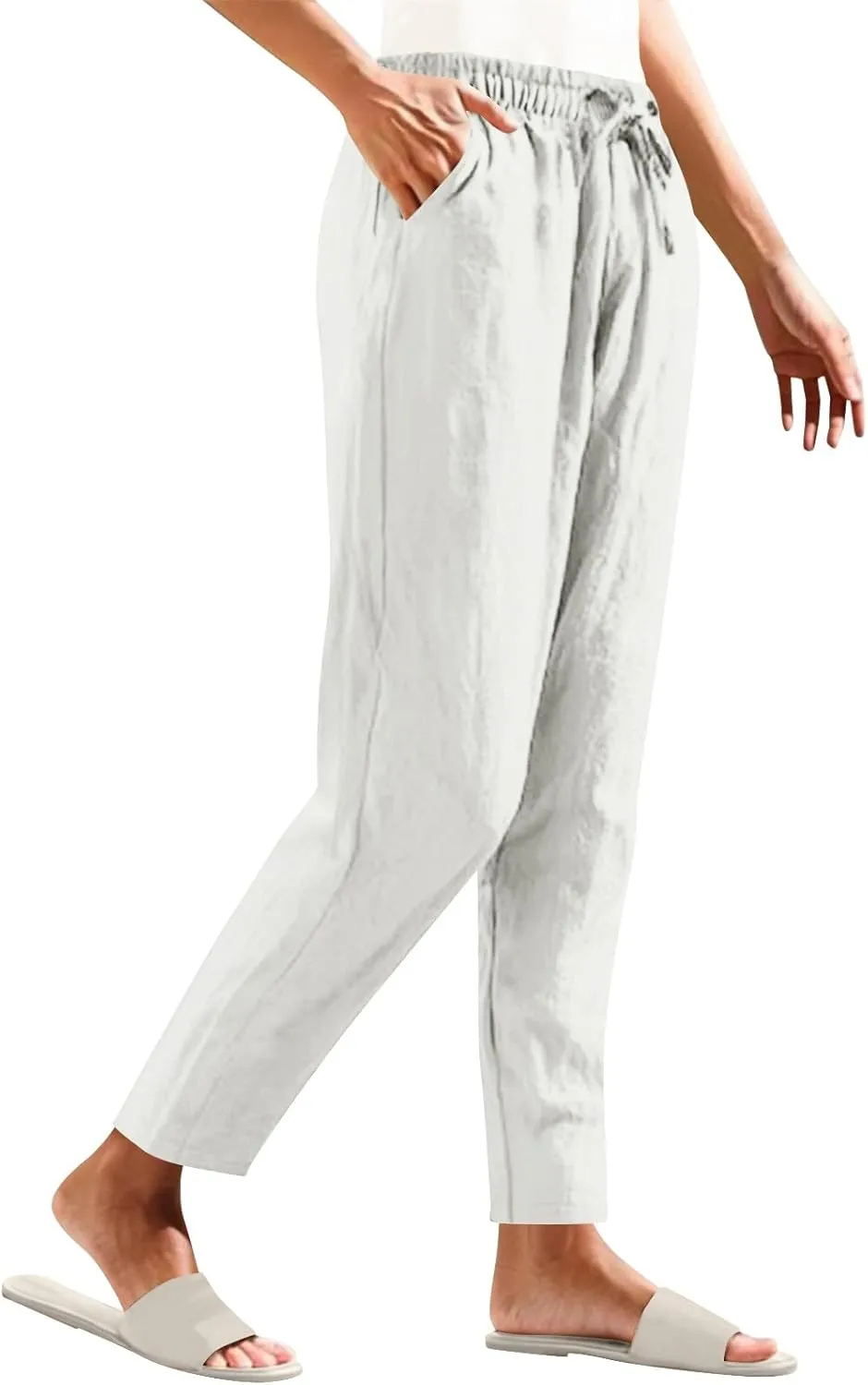 High Waisted Pants for Women Casual Comfy Wide Leg Stretchy Pant Solid Color Cotton Linen Pocketed Bootcut Trousers