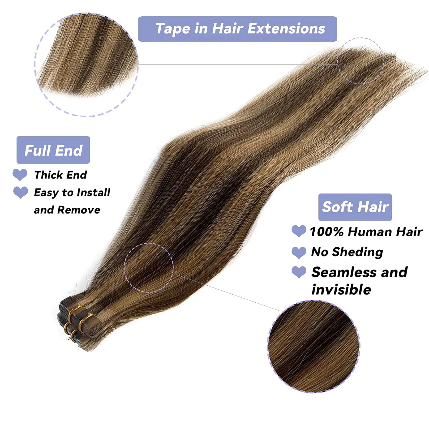 Highlights Tape In Hair Extensions for Women 22inch Silky Straight Seamless Ombre Medium Brown to Strawbery Blonde Tape In Real Remy Human Hair Extensions Skin Weft 20pcs 60g/pack 4P27