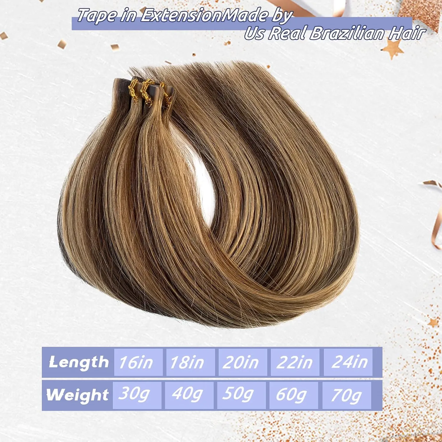 Highlights Tape In Hair Extensions for Women 22inch Silky Straight Seamless Ombre Medium Brown to Strawbery Blonde Tape In Real Remy Human Hair Extensions Skin Weft 20pcs 60g/pack 4P27