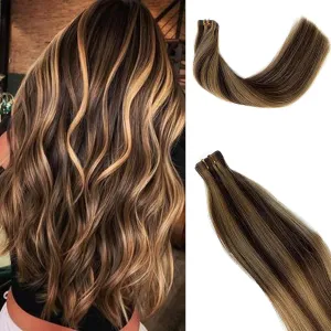 Highlights Tape In Hair Extensions for Women 22inch Silky Straight Seamless Ombre Medium Brown to Strawbery Blonde Tape In Real Remy Human Hair Extensions Skin Weft 20pcs 60g/pack 4P27