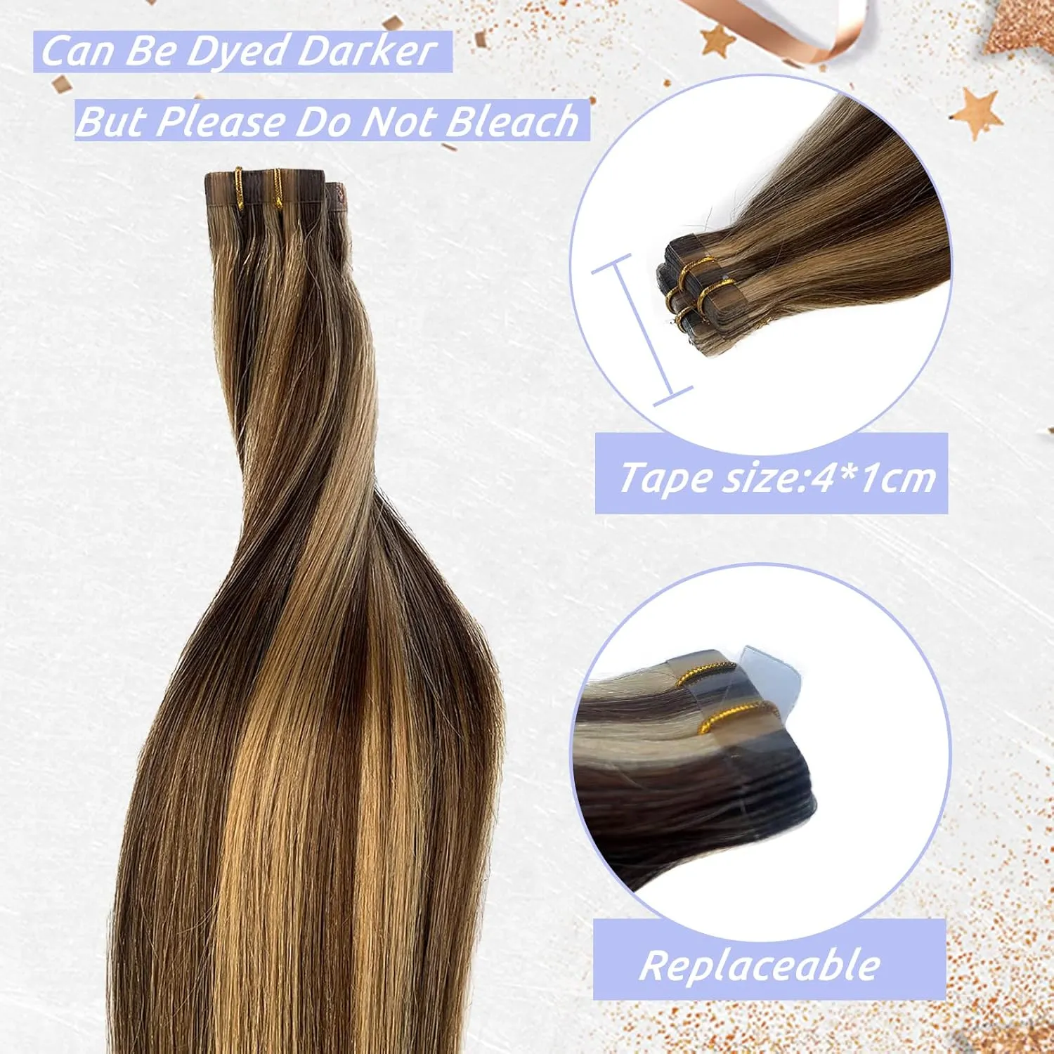 Highlights Tape In Hair Extensions for Women 22inch Silky Straight Seamless Ombre Medium Brown to Strawbery Blonde Tape In Real Remy Human Hair Extensions Skin Weft 20pcs 60g/pack 4P27