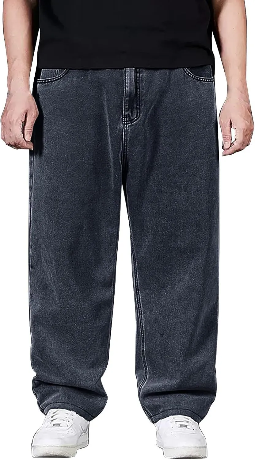 Hip Hop Jeans for Men Joggers Loose Fit Streetwear Biker Baggy Denim Pants Stylish Loose Elastic Waist Vintage Jeans