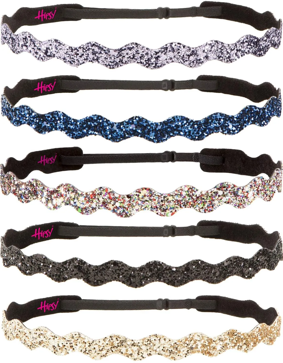 Hipsy Plus Size, Adjustable No Slip Sparkly Bling Glitter Wave 5pk Headbands for Women Girls & Teens (Wave Gold/Black/Confetti/Navy/Gunmetal)