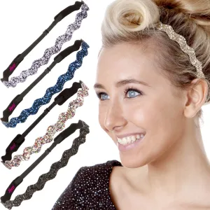 Hipsy Plus Size, Adjustable No Slip Sparkly Bling Glitter Wave 5pk Headbands for Women Girls & Teens (Wave Gold/Black/Confetti/Navy/Gunmetal)