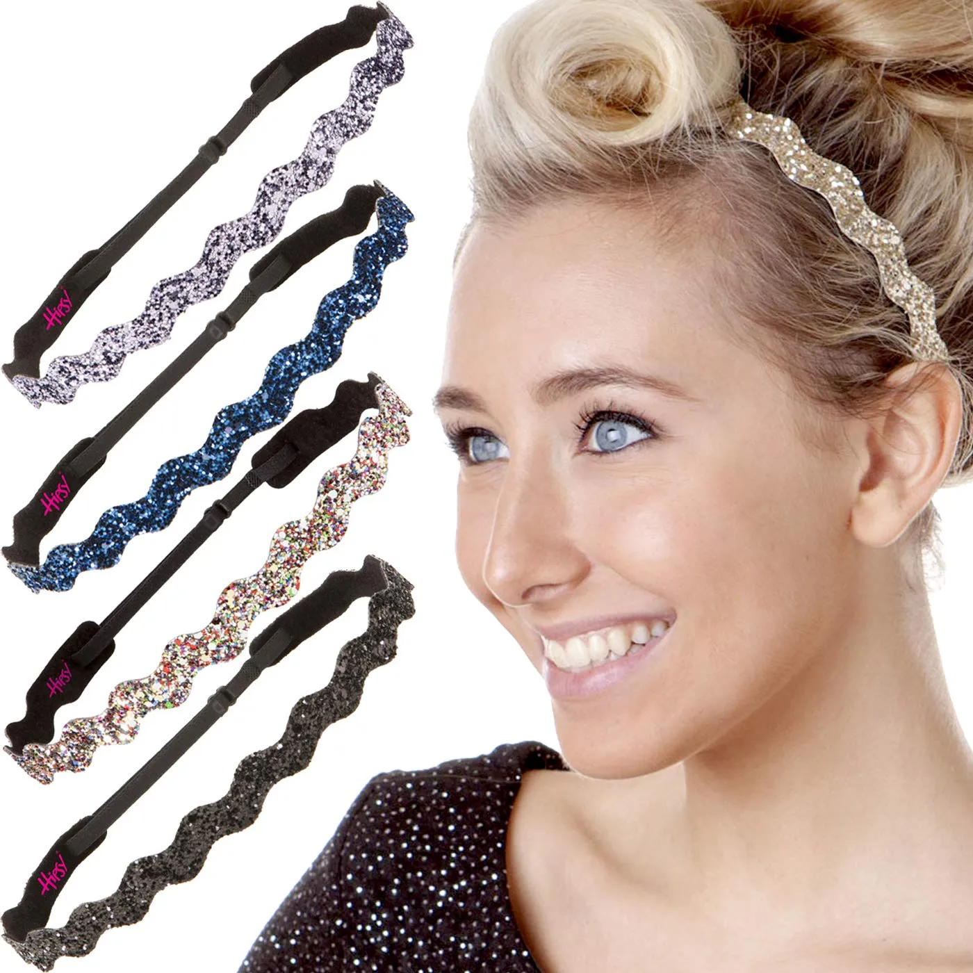 Hipsy Plus Size, Adjustable No Slip Sparkly Bling Glitter Wave 5pk Headbands for Women Girls & Teens (Wave Gold/Black/Confetti/Navy/Gunmetal)