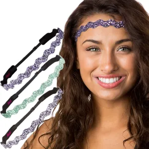 Hipsy Women's Adjustable No Slip Bling Glitter Wave Cute Headband 3-pack (Wave Gunmetal/Seafoam/Princess 3pk)