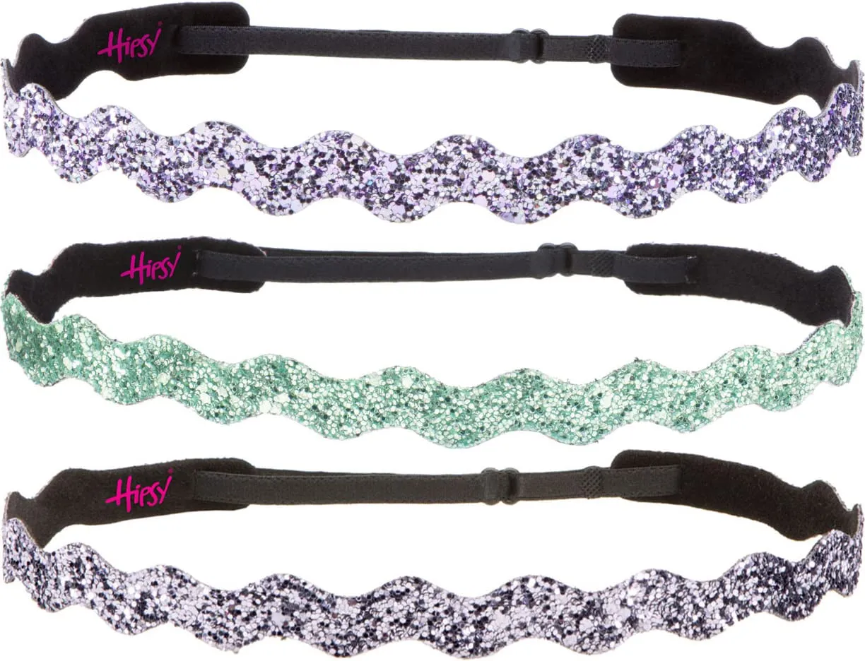 Hipsy Women's Adjustable No Slip Bling Glitter Wave Cute Headband 3-pack (Wave Gunmetal/Seafoam/Princess 3pk)