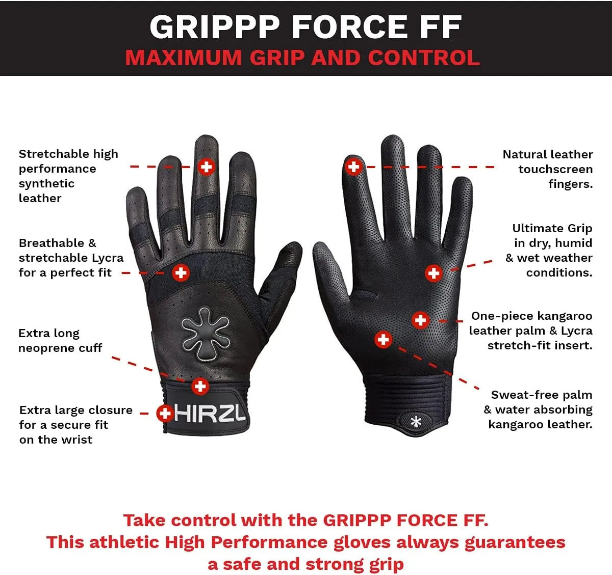 HIRZL Grippp Force FF Full Finger Shooting Gloves, Multi Sports Outdoor, Push/Pull Control, Patented, Ultimate Grip in Dry, Damp, or Wet Conditions, Tear Resistance, Breathability & Sweat Absorption