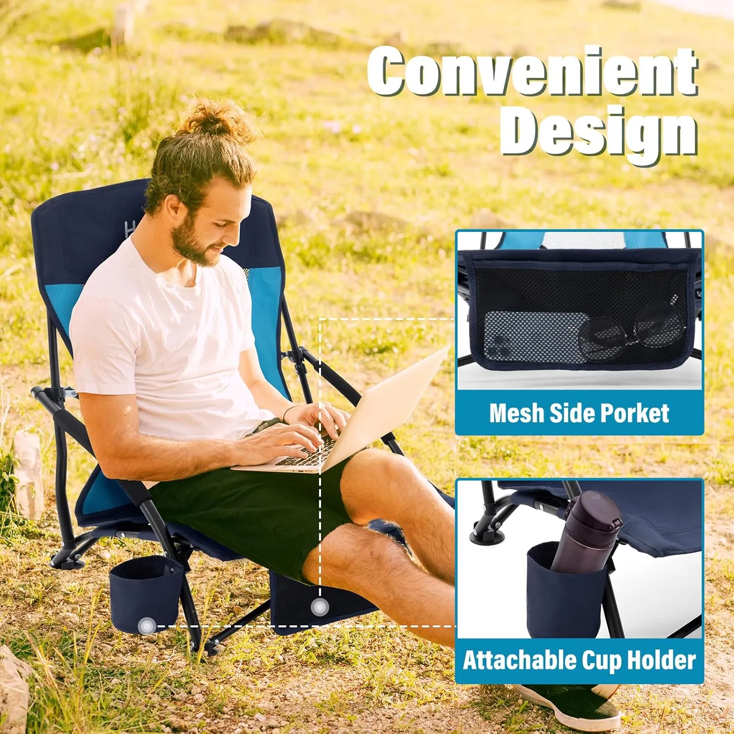 Homcosan Portable Low Folding Beach Chair - Lightweight Camping Chair for Adults with Cup Holder & Storage Pocket, Carry Bag Included (Navy & Blue)