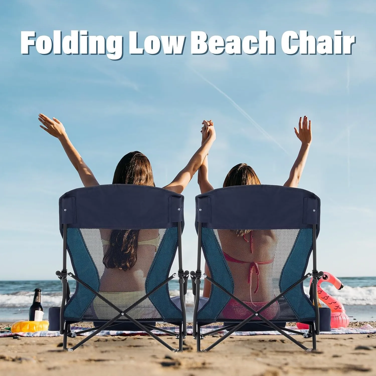 Homcosan Portable Low Folding Beach Chair - Lightweight Camping Chair for Adults with Cup Holder & Storage Pocket, Carry Bag Included (Navy & Blue)