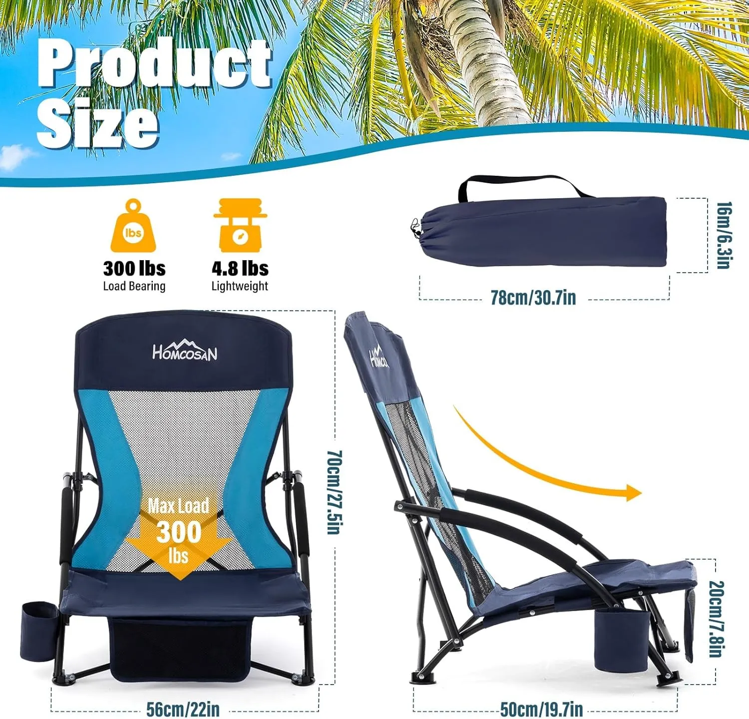 Homcosan Portable Low Folding Beach Chair - Lightweight Camping Chair for Adults with Cup Holder & Storage Pocket, Carry Bag Included (Navy & Blue)