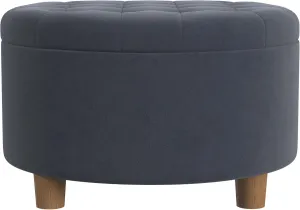HomePop Home Decor | Button Tufted Velvet Round Storage Ottoman | Ottoman with Storage for Living Room & Bedroom, Steel Blue Velvet