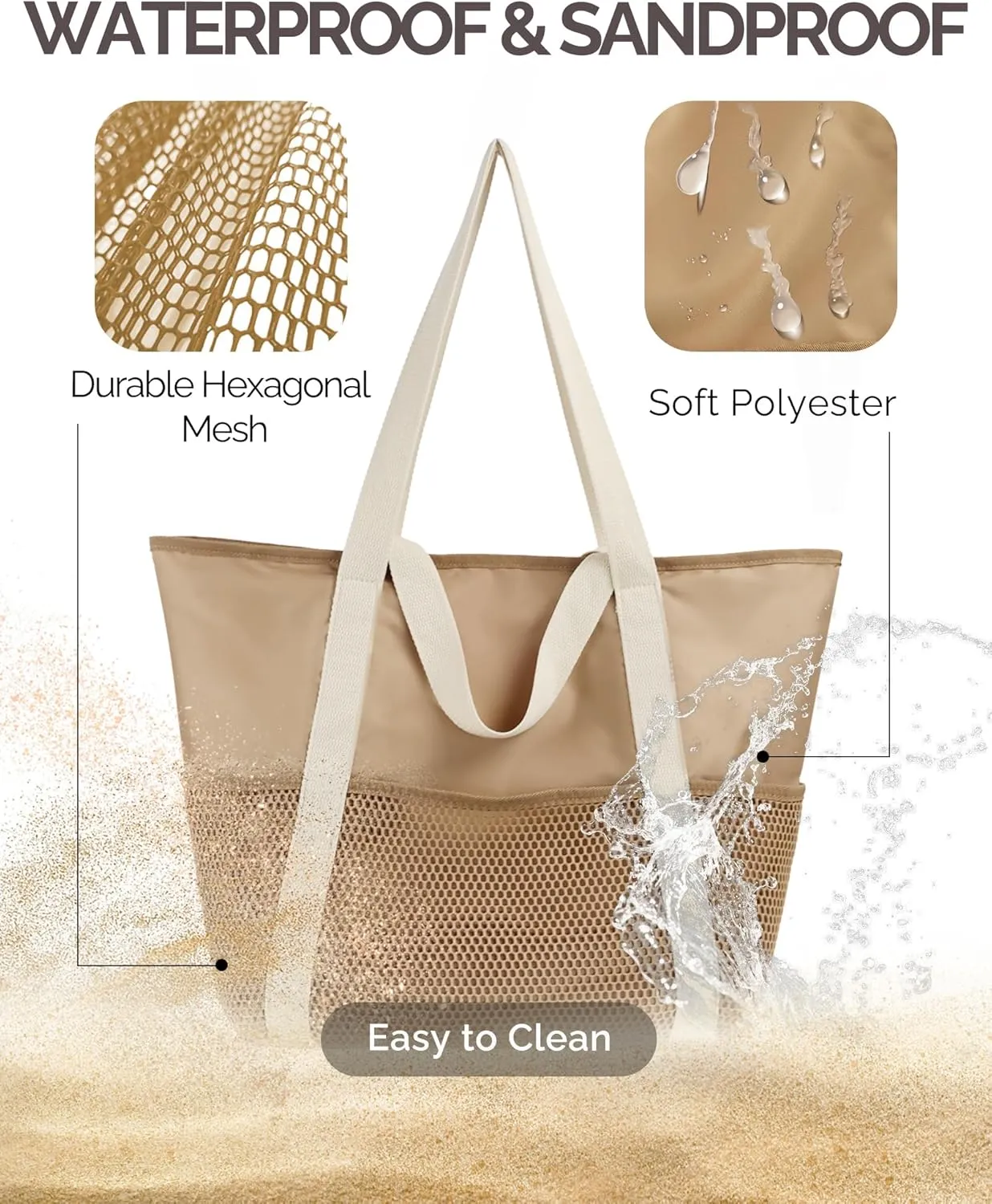 HOMESPON Beach Bag Large Waterproof Sandproof Foldable Tote for Women with Zipper Mesh Pockets for Pool Swim Travel Everyday