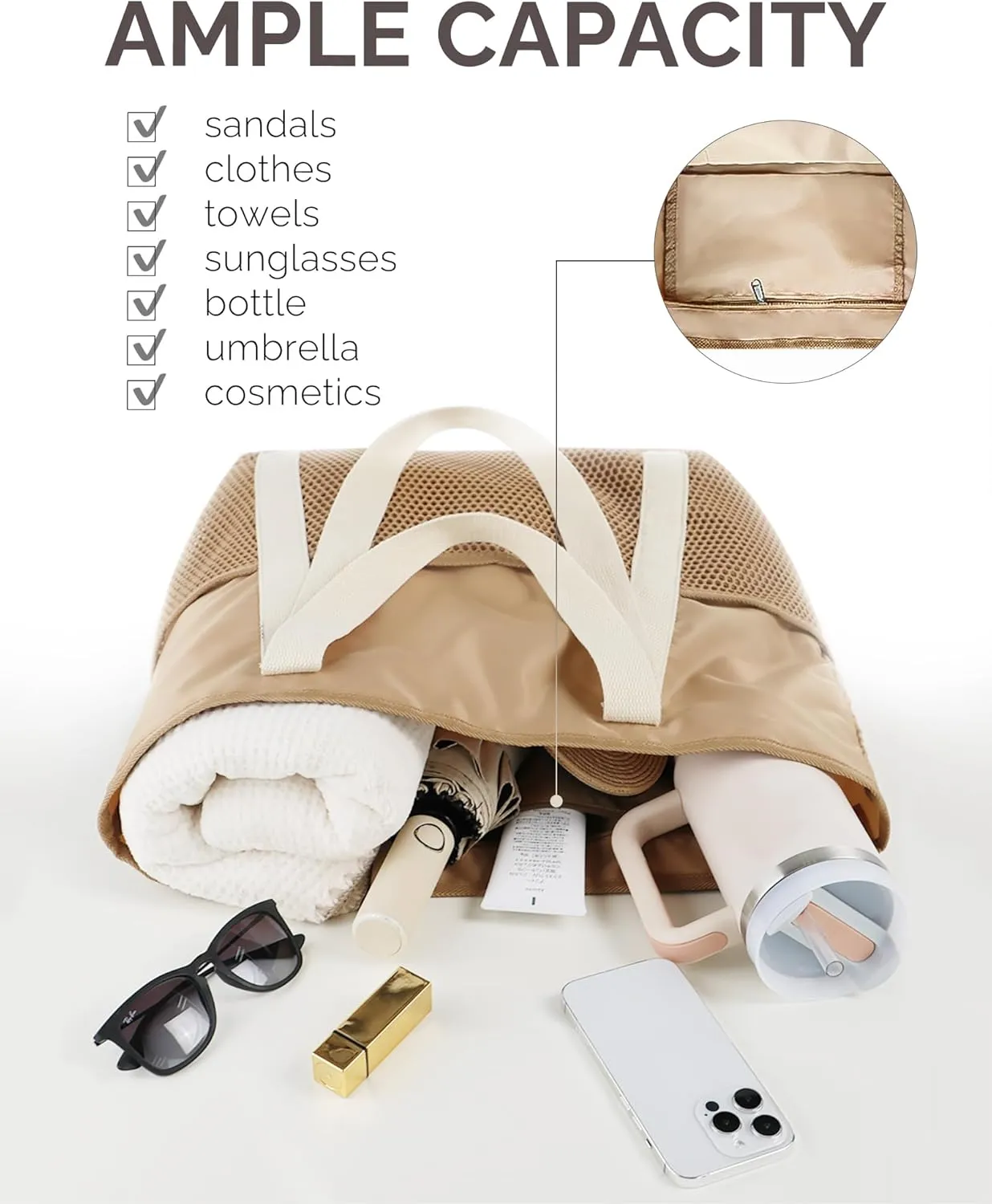 HOMESPON Beach Bag Large Waterproof Sandproof Foldable Tote for Women with Zipper Mesh Pockets for Pool Swim Travel Everyday