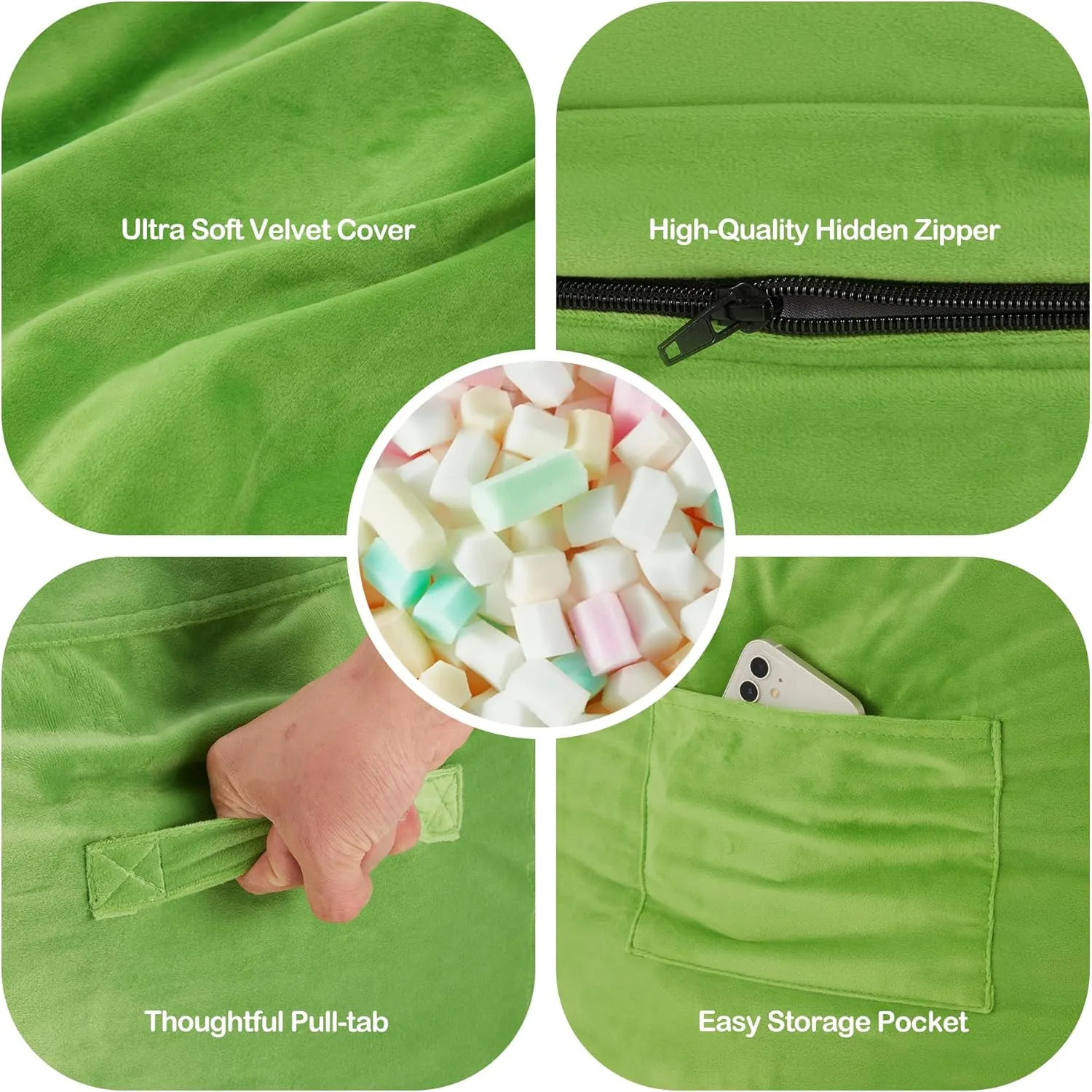 Homguava 3FT Bean Bag Chair: 3' Bean Bags with Memory Foam Filled, Large Beanbag Chairs Soft Sofa with Dutch Velvet Cover-Lime