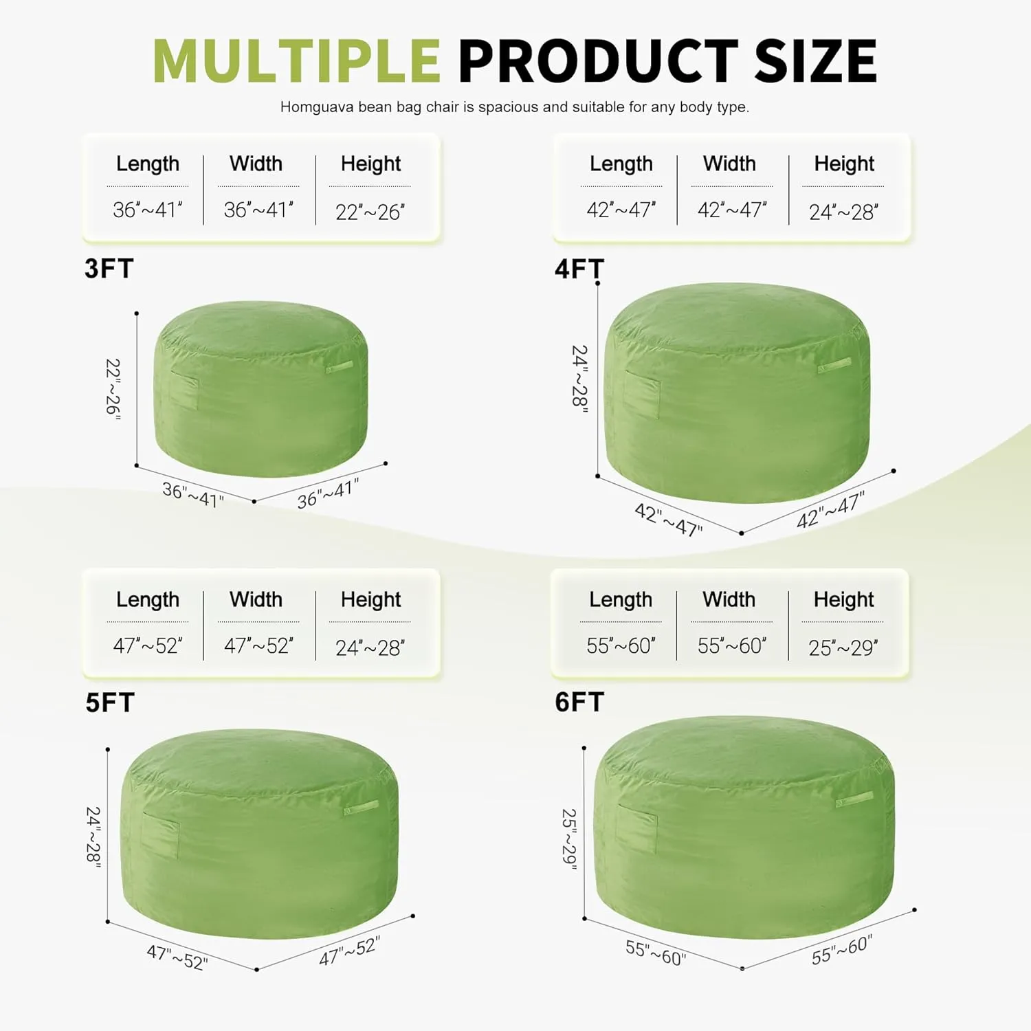 Homguava 3FT Bean Bag Chair: 3' Bean Bags with Memory Foam Filled, Large Beanbag Chairs Soft Sofa with Dutch Velvet Cover-Lime