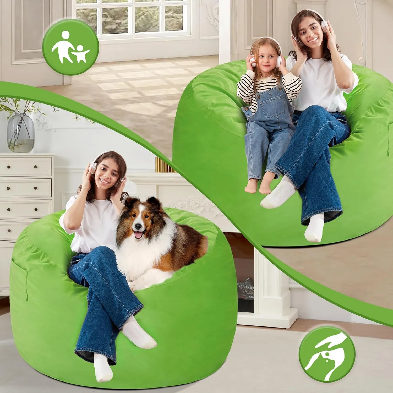 Homguava 3FT Bean Bag Chair: 3' Bean Bags with Memory Foam Filled, Large Beanbag Chairs Soft Sofa with Dutch Velvet Cover-Lime