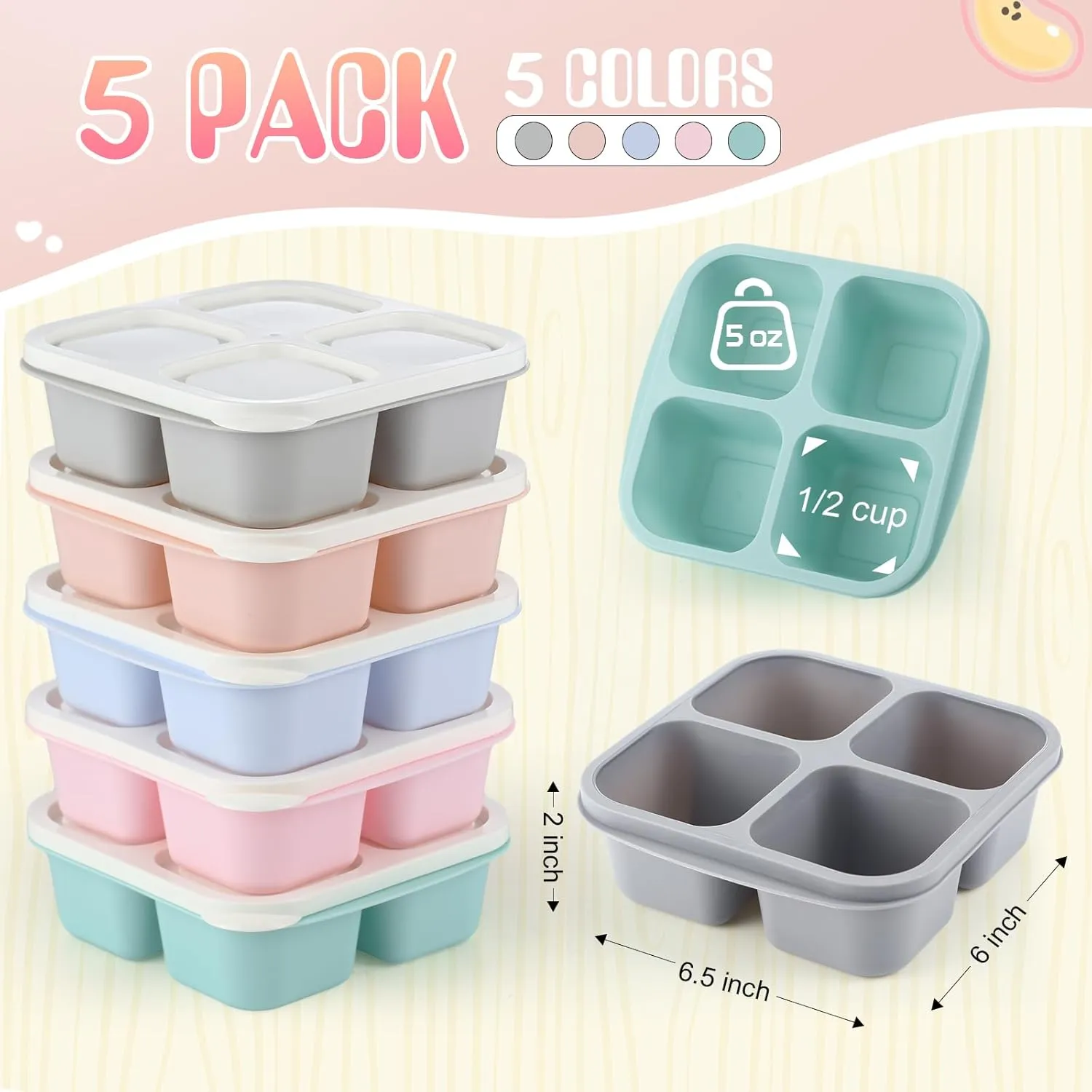 Honeydak Snack Containers 4 Compartment, 5 Pack Bento Snack Boxes Reusable Lunchable Containers with Lids Divided Meal Prep Lunch Food Storage Box for School Work Travel(Macaroon Color)
