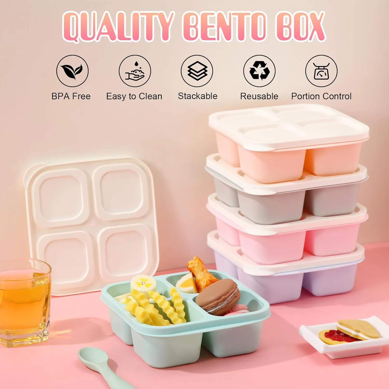 Honeydak Snack Containers 4 Compartment, 5 Pack Bento Snack Boxes Reusable Lunchable Containers with Lids Divided Meal Prep Lunch Food Storage Box for School Work Travel(Macaroon Color)
