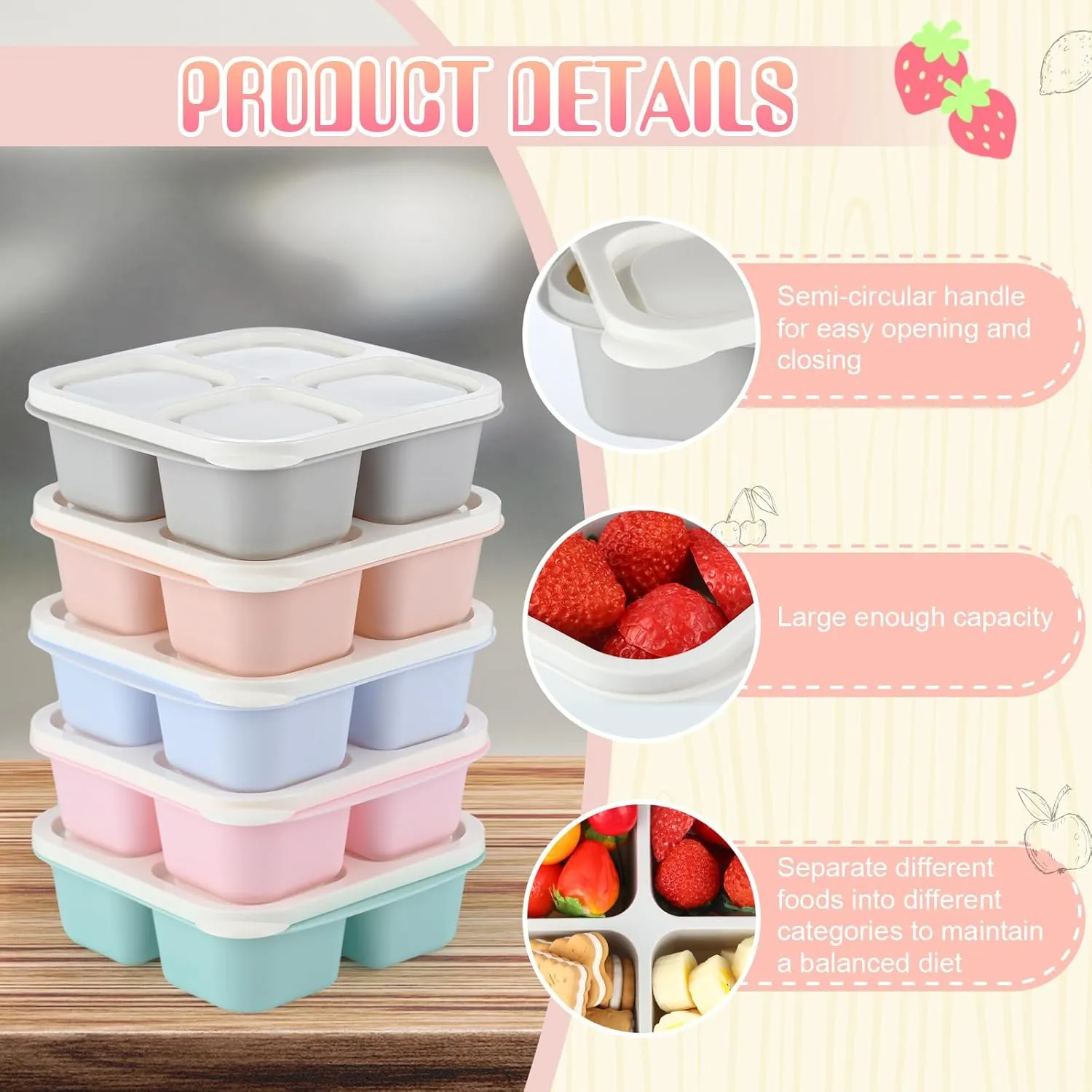 Honeydak Snack Containers 4 Compartment, 5 Pack Bento Snack Boxes Reusable Lunchable Containers with Lids Divided Meal Prep Lunch Food Storage Box for School Work Travel(Macaroon Color)