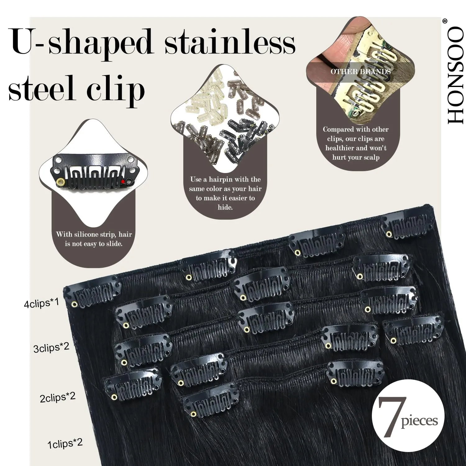 Honsoo Black Clip In Hair Extensions Real Human Hair Jet Black 70g 7pcs 15in Silky Straight No Shedding For Full Head Real Human Hair For Black Women