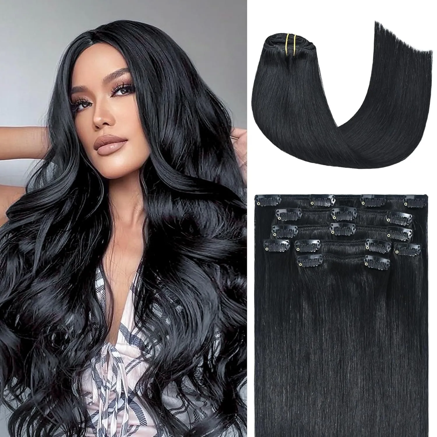 Honsoo Black Clip In Hair Extensions Real Human Hair Jet Black 70g 7pcs 15in Silky Straight No Shedding For Full Head Real Human Hair For Black Women