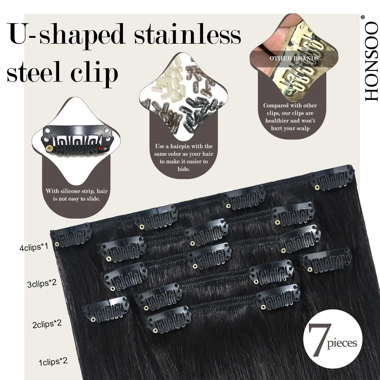 Honsoo Black Clip in Hair Extensions Real Human Hair Natural Black 70g 7pcs 15Inch Straight Real Clip in Natural Hair Extensions For Black Women