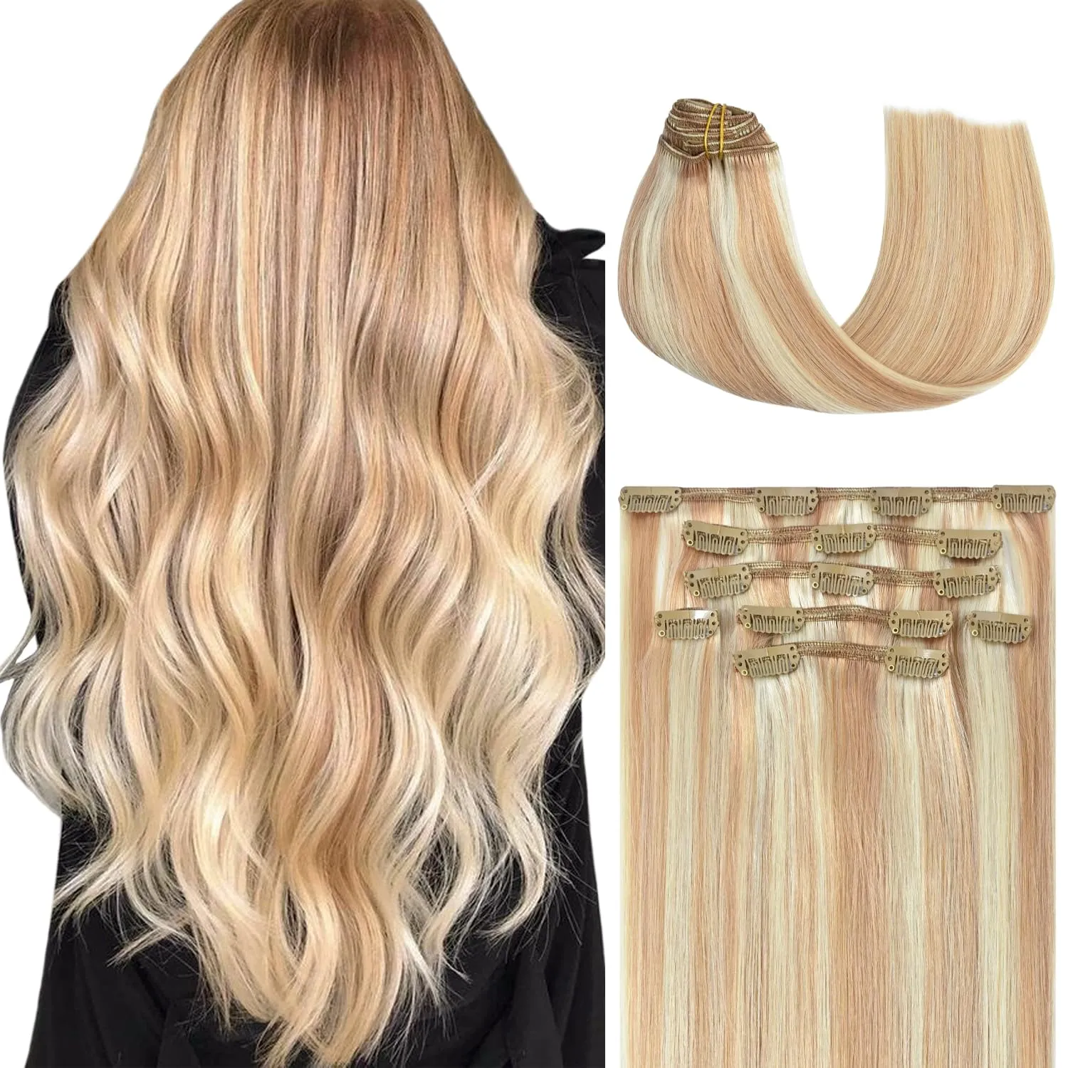 Honsoo Clip in Hair Extensions Real Human Hair Strawberry Blonde to Bleach Blonde Highlights Balayage Straight Hair 70g 7pcs 18Inch