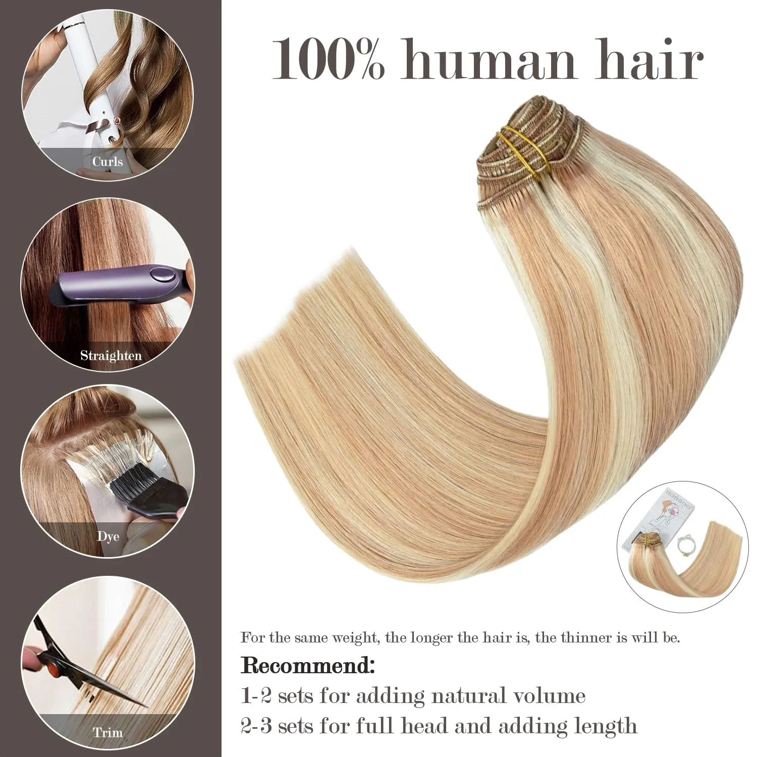 Honsoo Clip in Hair Extensions Real Human Hair Strawberry Blonde to Bleach Blonde Highlights Balayage Straight Hair 70g 7pcs 18Inch