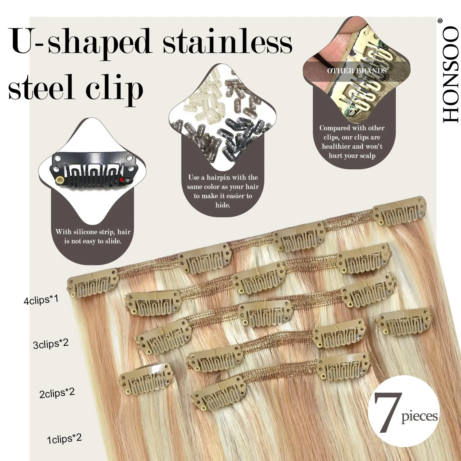 Honsoo Clip in Hair Extensions Real Human Hair Strawberry Blonde to Bleach Blonde Highlights Balayage Straight Hair 70g 7pcs 18Inch