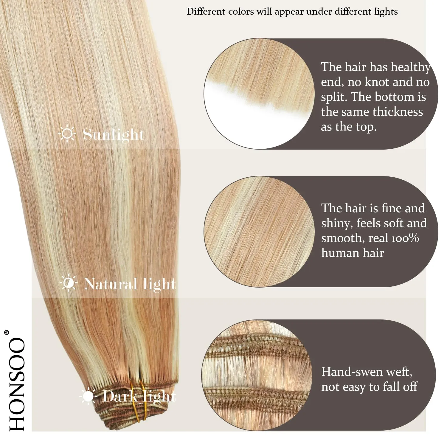 Honsoo Clip in Hair Extensions Real Human Hair Strawberry Blonde to Bleach Blonde Highlights Balayage Straight Hair 70g 7pcs 18Inch