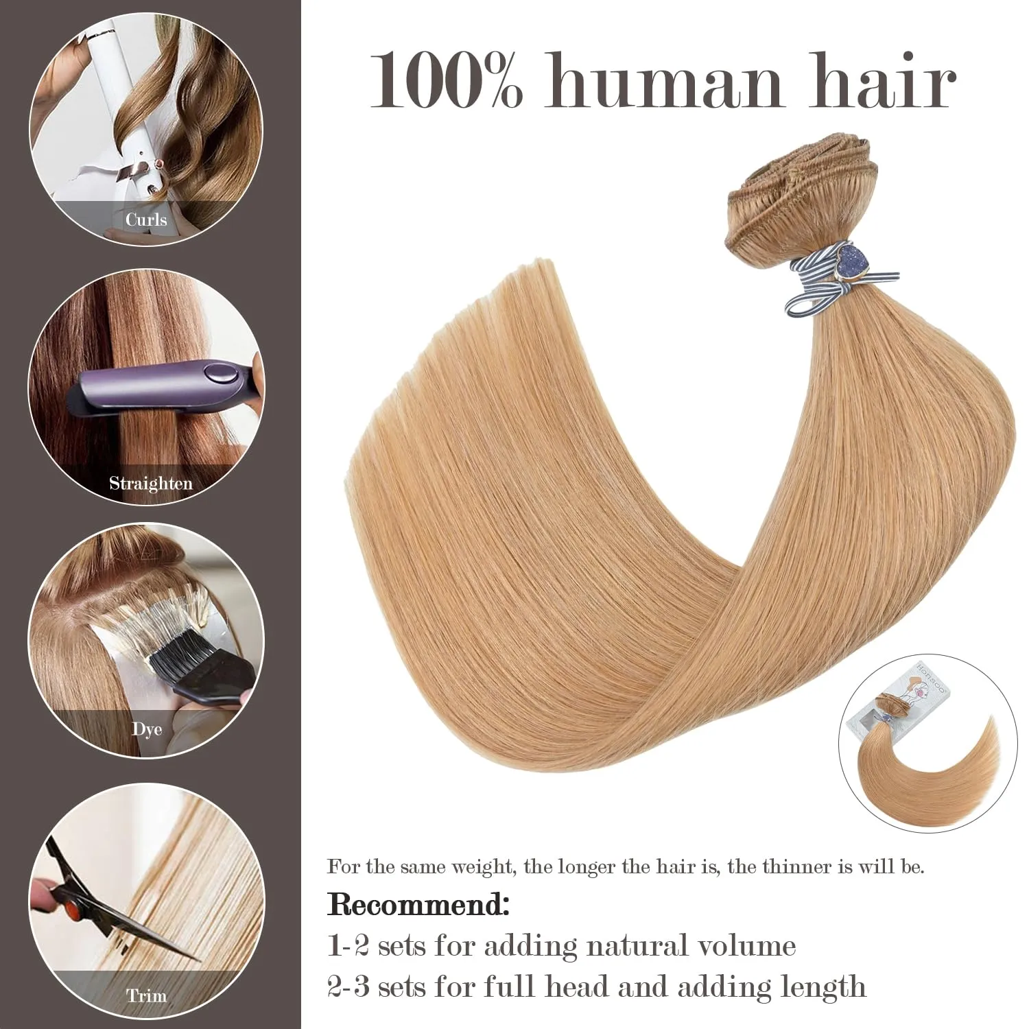Honsoo Real Human Hair Clip In Hair Extensions 70g Golden Brown 7pcs 15in Silky Straight Hair No Shedding Hair Extensions Clip Ins For Full Head