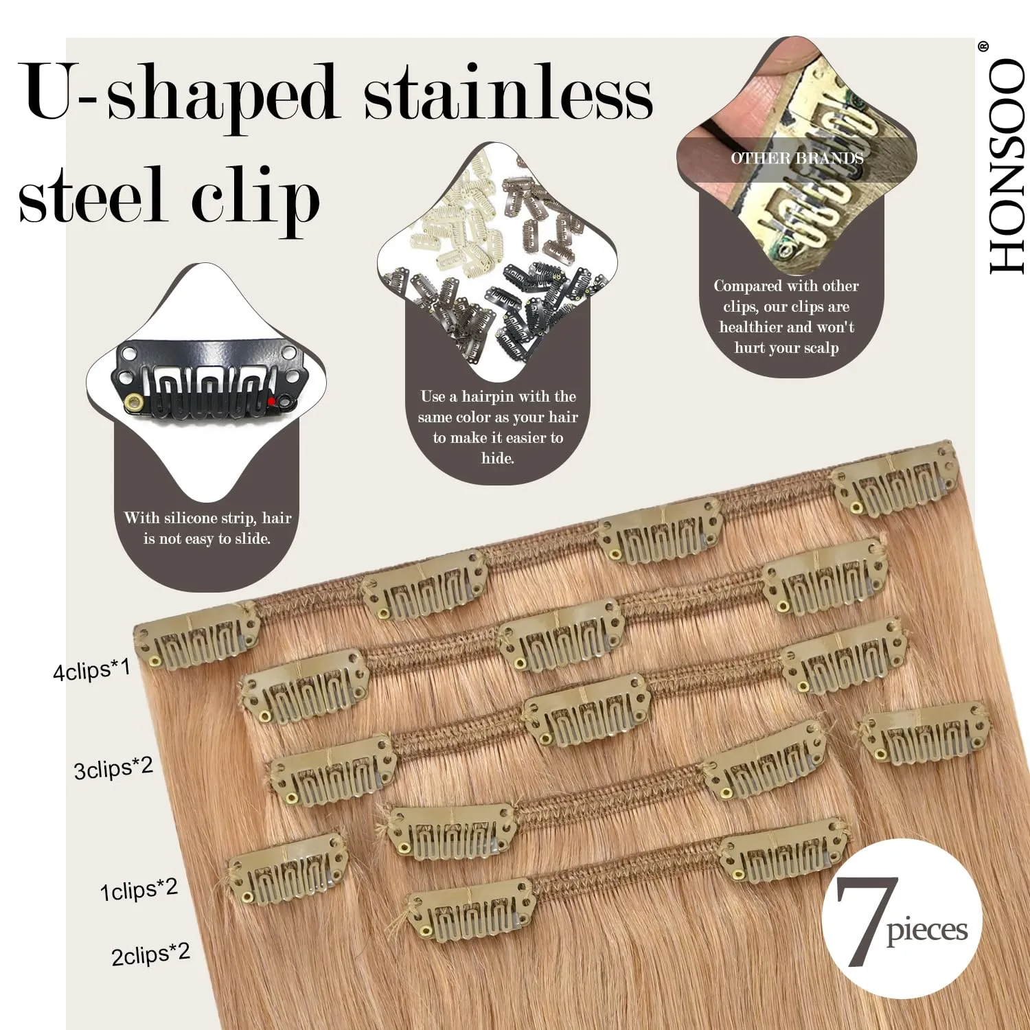 Honsoo Real Human Hair Clip In Hair Extensions 70g Golden Brown 7pcs 15in Silky Straight Hair No Shedding Hair Extensions Clip Ins For Full Head